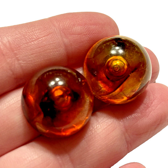 Vintage Clip On Earrings Lucite Domes Orange Red Faux Tortoise Shell Buttons - Picture 5 of 8